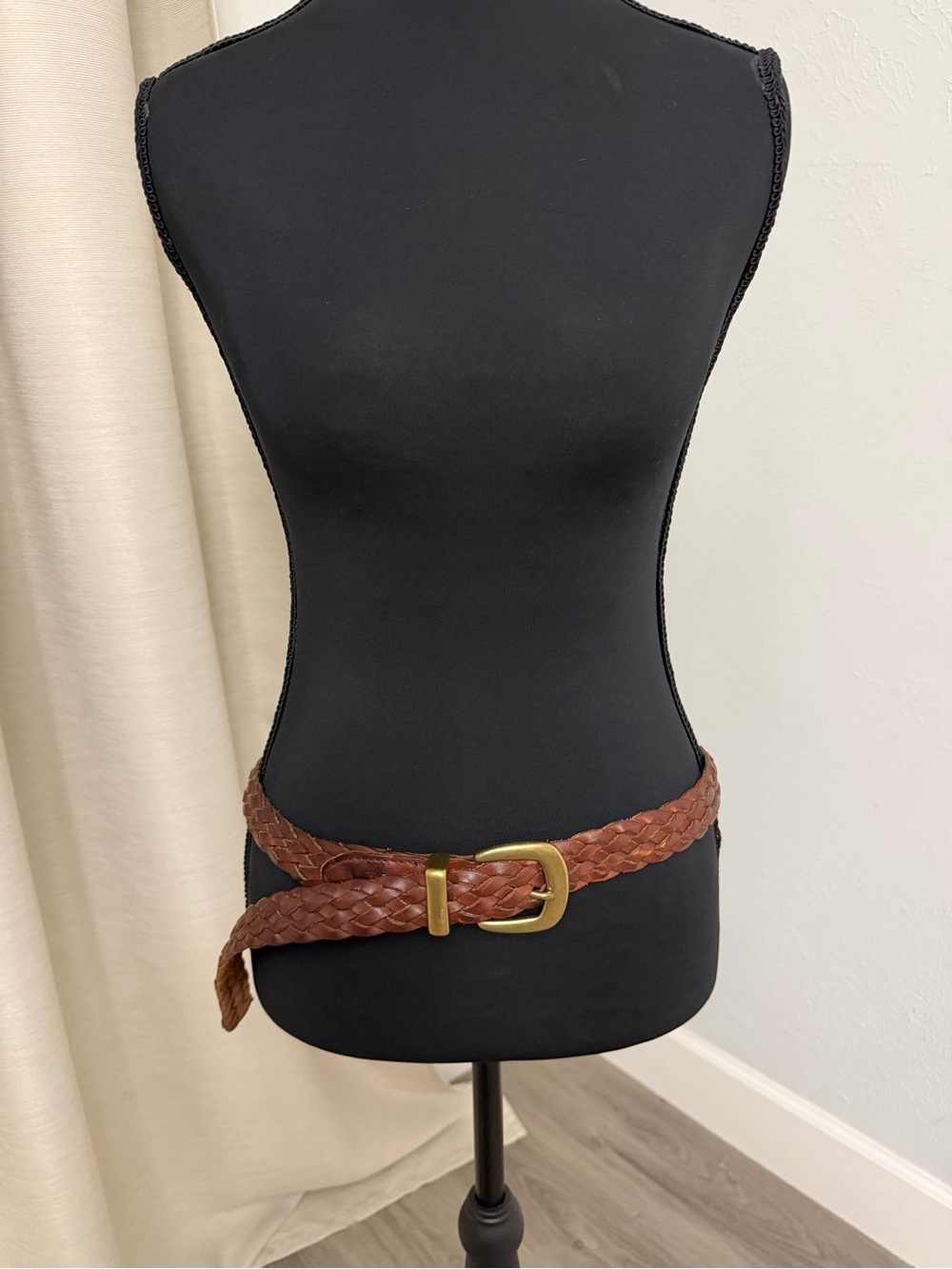 Vintage Braided Leather Waist Belt with Brass Buckle - Brown